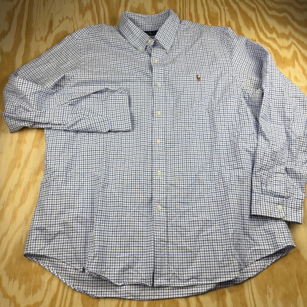 Polo Ralph Lauren Mens XXL Blue White Tattersall Check Cotton Button Down Shirt